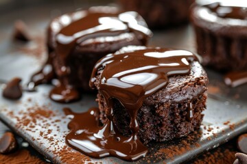 Decadent chocolate brownies with melting ganache. AI image