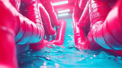 Poster - Electric Maze, an abstract techno-futuristic labyrinth of vibrant blue and magenta, showcasing clean geometric lines and a striking pop art aesthetic with a neon-lit color palette.