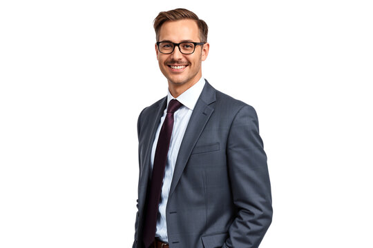 portrait of a handsome young businessman in suit, smiling on face with glasses, isolated on transpar