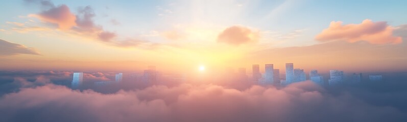 Poster - A breathtaking sunrise illuminates the skyline, casting a warm glow over fluffy clouds and creating a serene atmosphere.