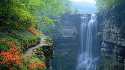 Wall Mural - Waterfall cascading into gorge, vibrant flowers, lush forest path, misty background