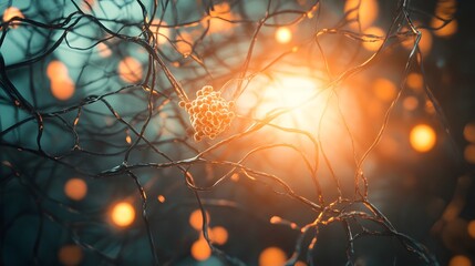 Poster - Ethereal winter sunset casting a warm glow through snow covered tree branches in a serene peaceful forest landscape  The backlit scene creates a magical dreamy atmosphere with a touch of tranquility