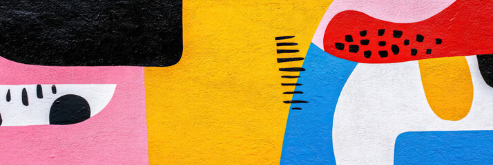 Poster - Abstract Mural with Geometric Shapes in Pink, Yellow, Blue, Red, White, and Black