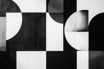 Poster - Geometric black and white mural showcasing abstract shapes in a modern urban setting
