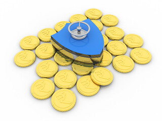 Poster - 3D rendering illustration Rupee currency in gold coin protected shield