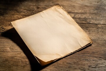 Fototapete - Blank aged paper resting on a rustic wooden table creating a nostalgic ambiance in a cozy indoor setting