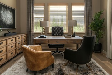 Aufkleber - Stylish home office with wooden desk and comfortable seating in well-lit modern space
