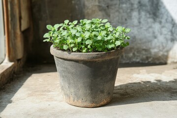 Aufkleber - Fresh green herbs growing in a clay pot beside a sunlit window in a rustic setting