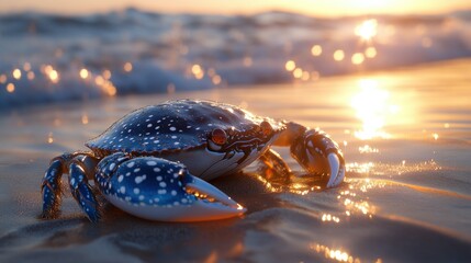 Poster - Blue crab sunset beach ocean wave shore wildlife