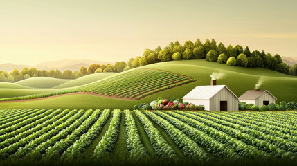 Wall Mural - various types of vegetable gardens concept, lush green fields with houses in serene rural landscape
