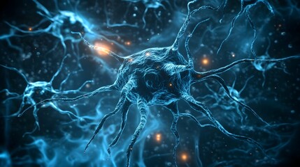 Poster - Futuristic neural network with glowing synaptic connections and electric impulses representing the complex communication and information processing in the human brain and nervous system