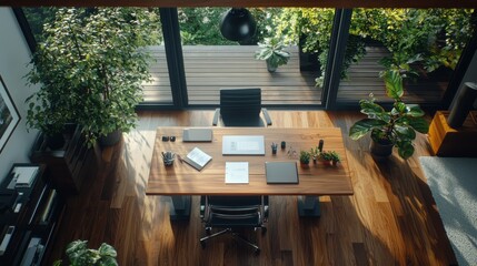 Poster - Minimalist desk setup with natural elements home office interior design serene environment aerial view modern workspace