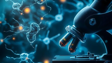 Fototapete - Glowing molecular network structure viewed under a powerful scientific microscope in a laboratory setting representing research innovation and discovery in the fields of biology