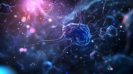 Poster - Glowing Neural Network of Brain Synapses and Neurons Firing in Digital Futuristic Microscopic Anatomy  Abstract 3D of the intricate and complex neural network of the human brain