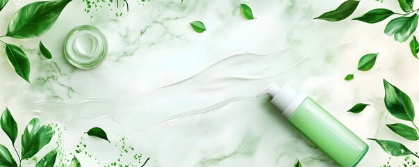 Aufkleber - Green natural skincare and beauty product with fresh leaves on white marble surface  Organic cosmetic concept with minimalist serene and soothing design
