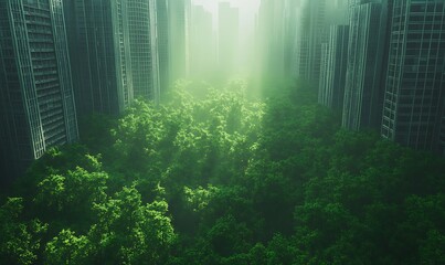 Poster - A vibrant green forest thrives amidst towering skyscrapers, illuminated by soft sunlight, showcasing nature's resilience in an urban setting.