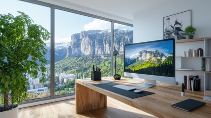 Poster - Minimalist workspace design with monitor overlooking mountain view modern office indoor environment scenic outlook professional concept