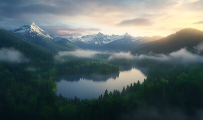Poster - A serene landscape featuring a tranquil lake surrounded by lush forests and majestic mountains under a colorful sky.
