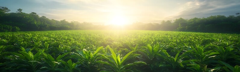 Aufkleber - A lush green field stretches under a bright sunrise, with trees in the background, symbolizing nature's beauty and agricultural abundance.