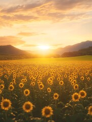Poster - A picturesque field of sunflowers basking in golden sunlight, framed by mountains and a vibrant sky at sunset.