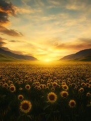 Aufkleber - A breathtaking field of sunflowers stretches towards a vibrant sunset, creating a serene and picturesque landscape.