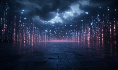 Poster - A futuristic, digital landscape with glowing columns, a dark sky, and a vibrant horizon creates a surreal atmosphere.