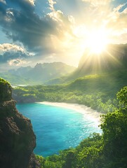 Poster - A stunning coastal landscape featuring lush greenery, a tranquil beach and vibrant sunbeams illuminating the scene.