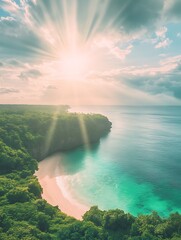 Poster - A serene coastal scene at sunrise, featuring lush greenery, a sandy beach, and tranquil turquoise waters under a bright sky.