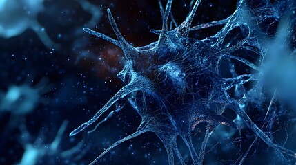 Poster - Intricate Neuronal Network Visualized in Vivid Blue Hues   Detailed Microscopic View of Nervous System Anatomy and Synaptic Connections