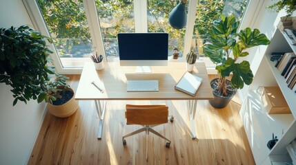 Poster - Minimalist desk setup with computer and plants in bright home office modern workspace aesthetic environment top view simplistic design