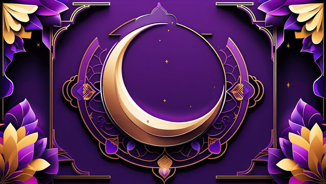 Eid mubarak and ramadan kareem purple background crescent moon. Generative AI
