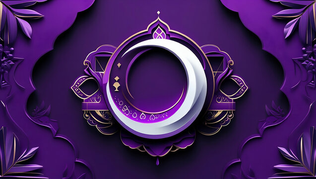 Eid mubarak and ramadan kareem purple background crescent moon. Generative AI
