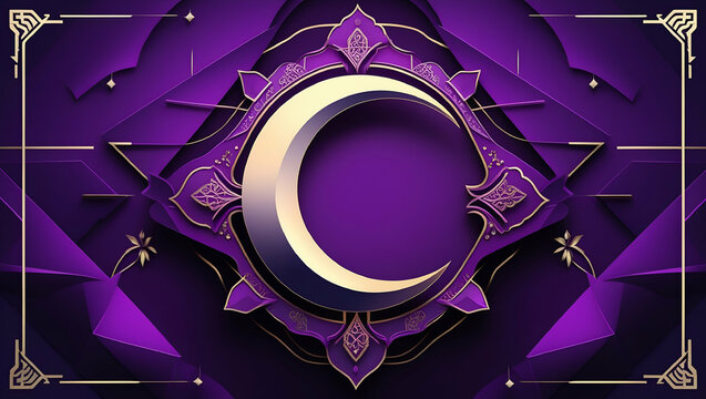 Eid mubarak and ramadan kareem purple background crescent moon. Generative AI
