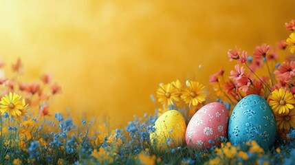 Wall Mural - Colorful eggs nestled among vibrant flowers during Easter celebration in a sunny garden