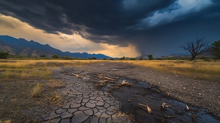 Poster - A dramatic landscape features dry cracked earth under dark storm clouds, highlighting the stark contrast between drought and impending rain.