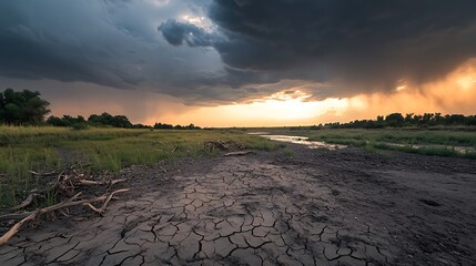Poster - A dry landscape under a stormy sky, featuring cracked earth and a distant horizon illuminated by the setting sun.