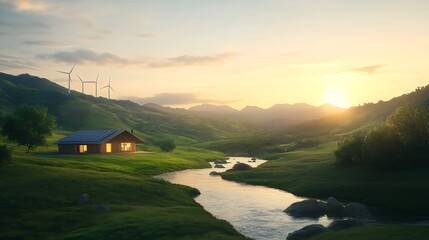 Poster - A serene landscape featuring a cozy cabin by a winding river, surrounded by lush greenery and mountains, illuminated by a warm sunset.