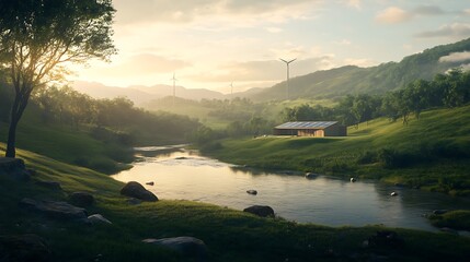 Poster - A serene landscape featuring a river, lush greenery, a quaint cottage, and wind turbines under a soft, glowing sunset.