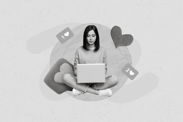 Leinwandbilder - Creative collage photo poster postcard of successful concentrated girl typing writing sms message comments isolated on painted background