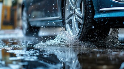 Sticker - Car wheel splashing puddle, city street, rainy day, driving