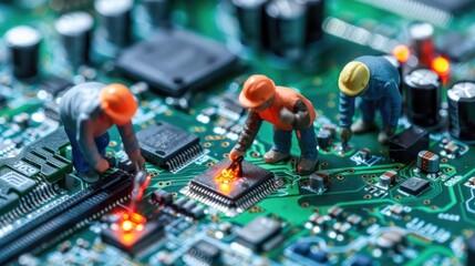 Aufkleber - Miniature workers repairing a circuit board with glowing components.
