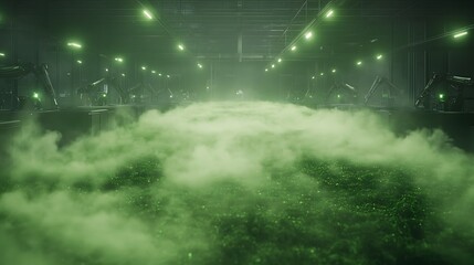 Leinwandbilder - A misty green fog envelops a futuristic industrial space, illuminated by bright lights, creating an eerie, otherworldly atmosphere.