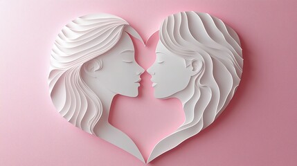 A delicate paper art design of two faces forming a heart shape, symbolizing love and connection against a soft pink background.