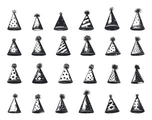 Wall Mural - Birthday Party Hats Icons Set Black and White Linocut Print Style Celebration Hats Party Headgear Festive Accessories Monochrome Illustrations Event Decorations Party Wear
