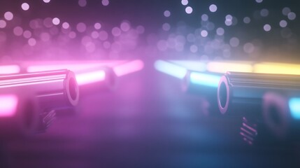 Aufkleber - A vibrant, futuristic scene featuring neon-lit gun barrels surrounded by a colorful haze, creating a dramatic and dynamic atmosphere.