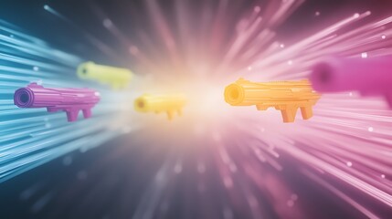 Poster - A vibrant, abstract depiction of colorful toy guns emitting beams of light, suggesting a playful and dynamic atmosphere.