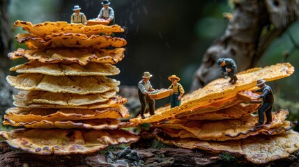 Poster - Miniature figures working on stacked food items, creating a whimsical scene.