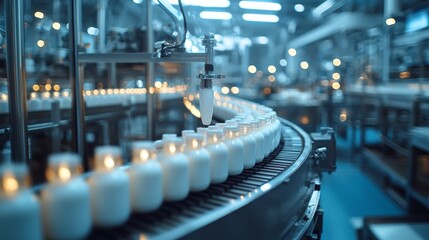 Aufkleber - Milk bottles glide seamlessly along the production line, illuminated by bright factory lights, as machinery whirs and workers oversee the efficient process of bottling fresh dairy products