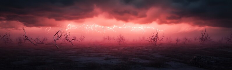 Poster - A surreal landscape featuring dark clouds and a glowing pink horizon, creating an eerie, otherworldly atmosphere.
