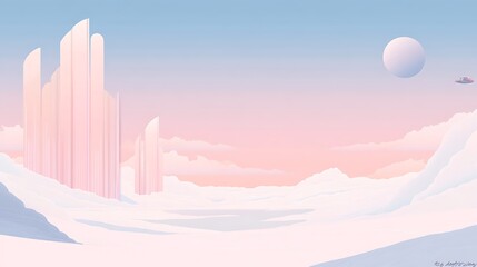 Poster - A serene landscape featuring icy formations, gentle pastel skies, and a distant celestial body, evoking a sense of tranquility and wonder.